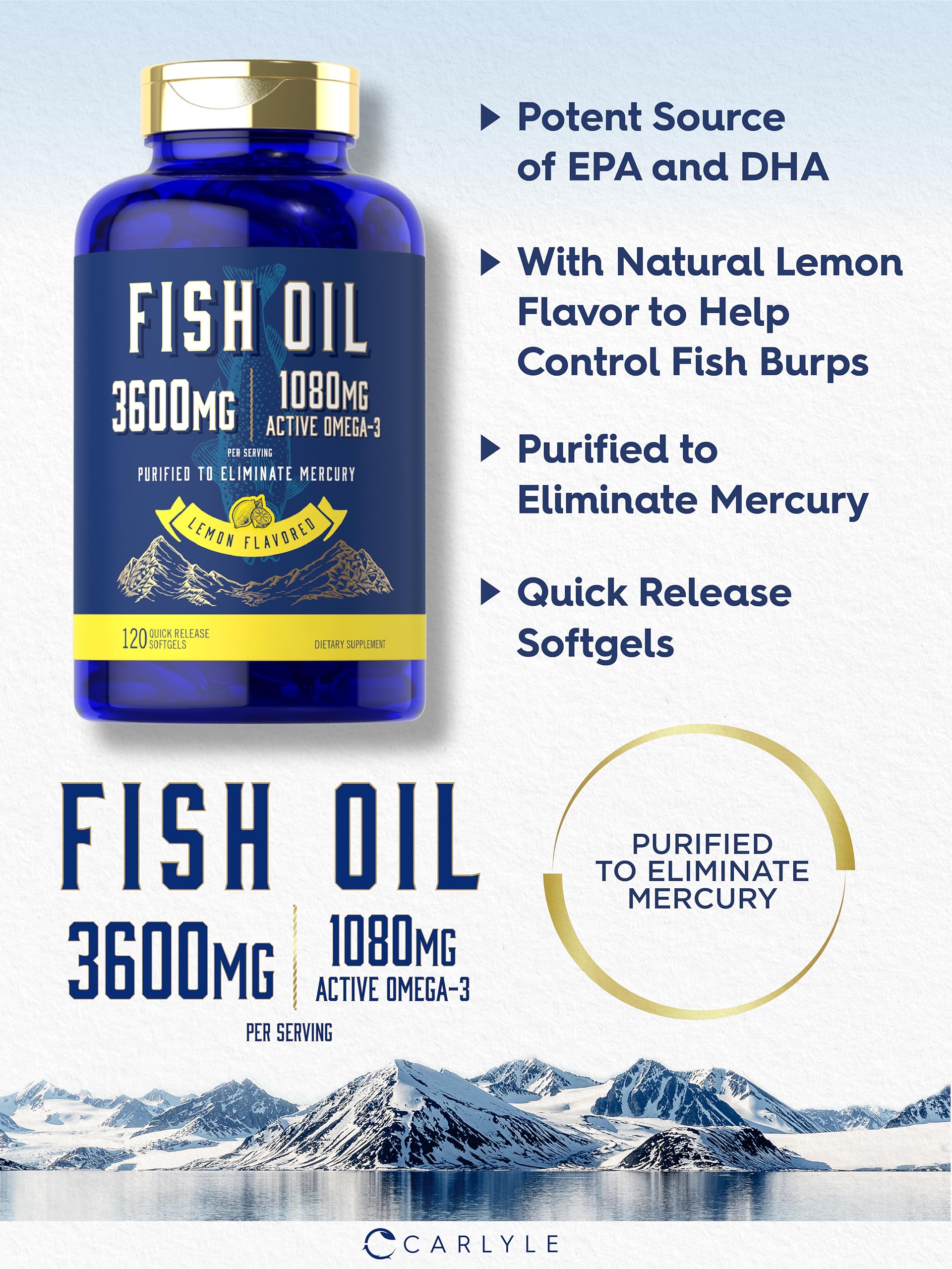 Carlyle Fish Oil 3600mg | 1080mg Omega 3 | 120 Count | Non-GMO and Gluten Free Supplement